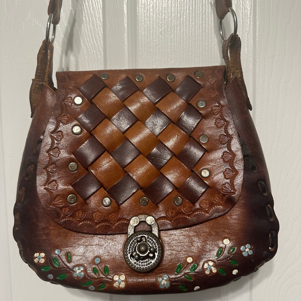 Vintage 1970’s Brown Leather Shoulder Bag with Floral Details